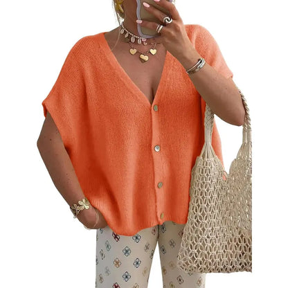Women's Loose-fitting Knit Cardigan - Batwing Short Sleeves, Lightweight Button-down V-neck