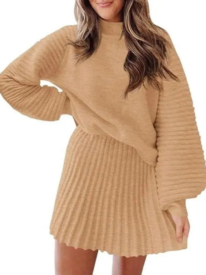 Women Mock Neck Ribbed Sweater & A-line Skirt 2 Piece Set