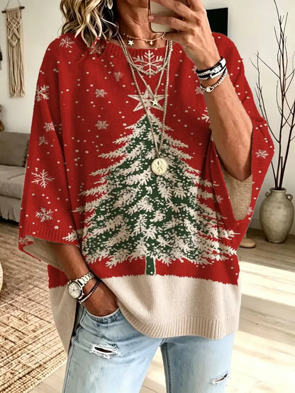 Christmas Loose Round Neck Bat Sleeve Knit Top for Women