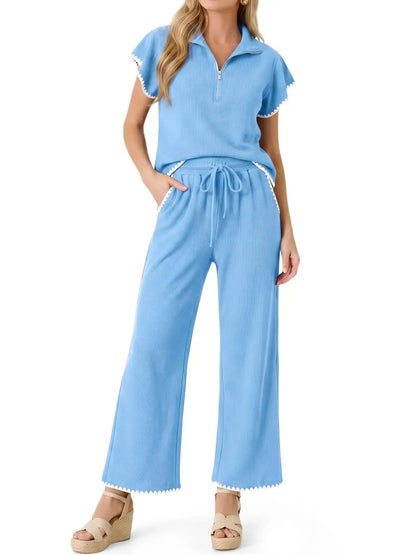 Women Short‑Sleeve Half‑Zip Knit Top With Pockets Scalloped Hem Wide Leg Pant Set