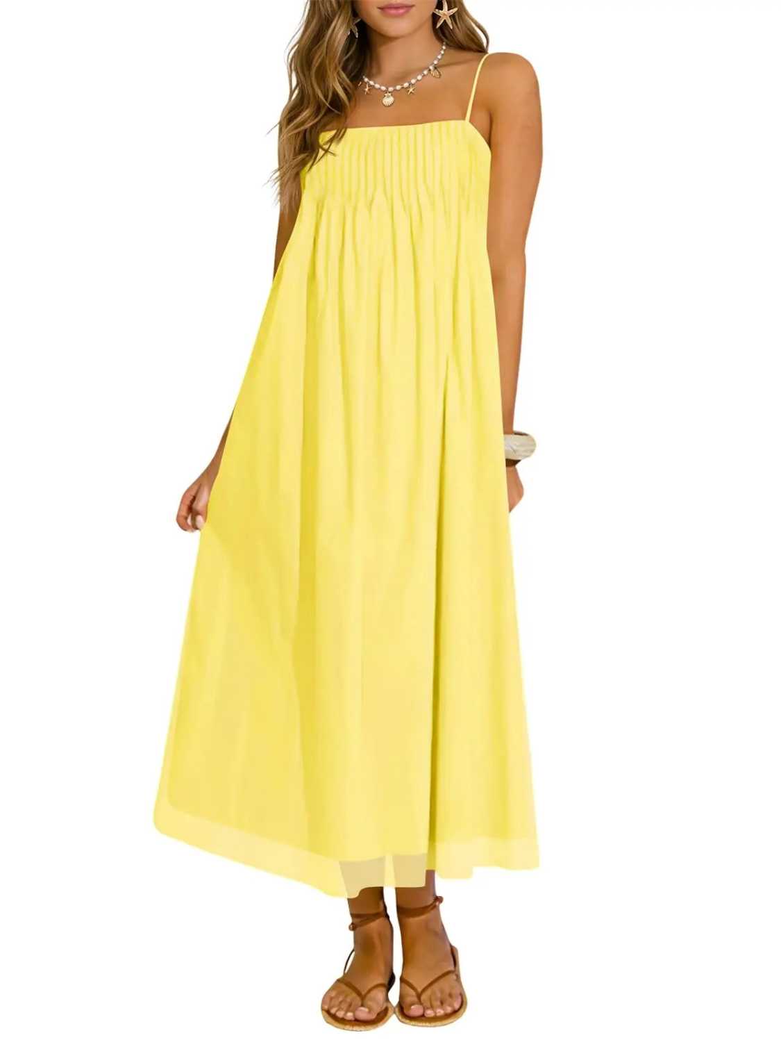 Women's Spaghetti Straps Chiffon Casual Long Dress with Pockets