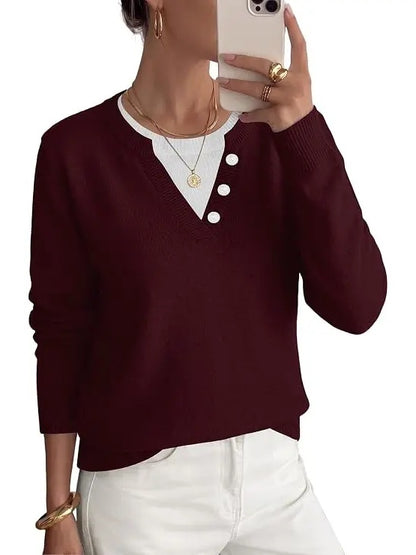 Women's Faux Layer V Neck Knit Sweater