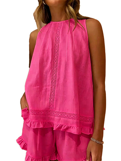 Sleeveless Lace Insert Ruffle Trim Tank Top & Matching Shorts 2 Piece Set