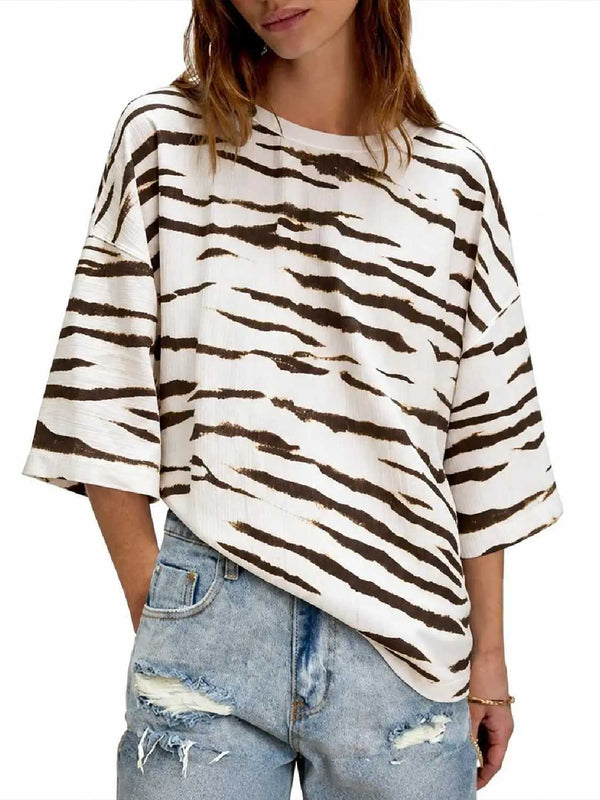 Oversized Drop Shoulder Zebra Print 3/4 Sleeve Casual Tee