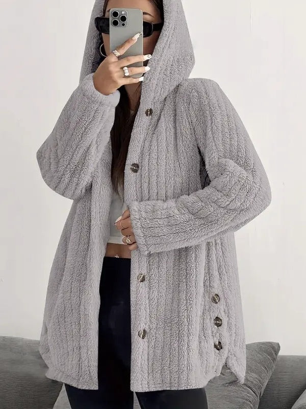 Side Slit Button Hooded Plush Outerwear