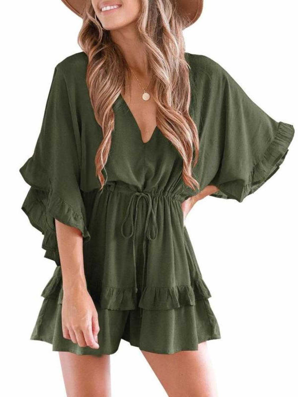 Womens V Neck Ruffle Layered Drawstring Waisted Shorts Jumpsuit