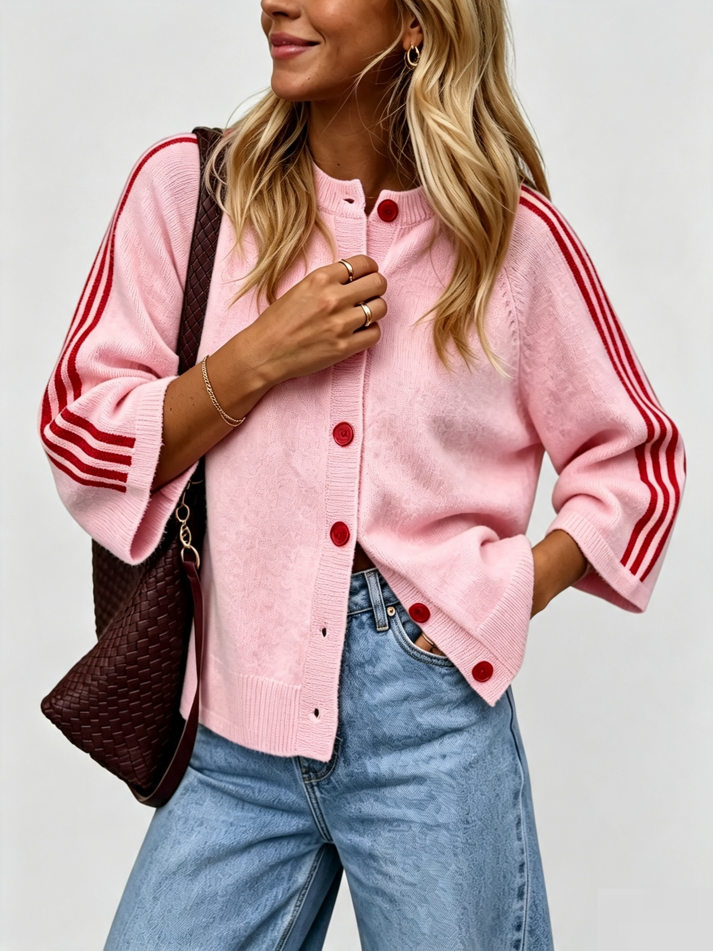 Women Striped 3/4 Sleeve  Crew Neck Button Down Knit Cardigan