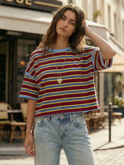 ⏰Hot Sale-Womens Oversized Striped T-Shirts Summer Casual Color