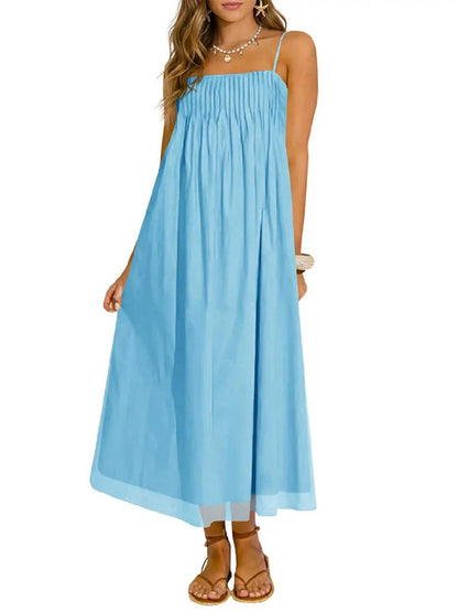 Women's Spaghetti Straps Chiffon Casual Long Dress with Pockets