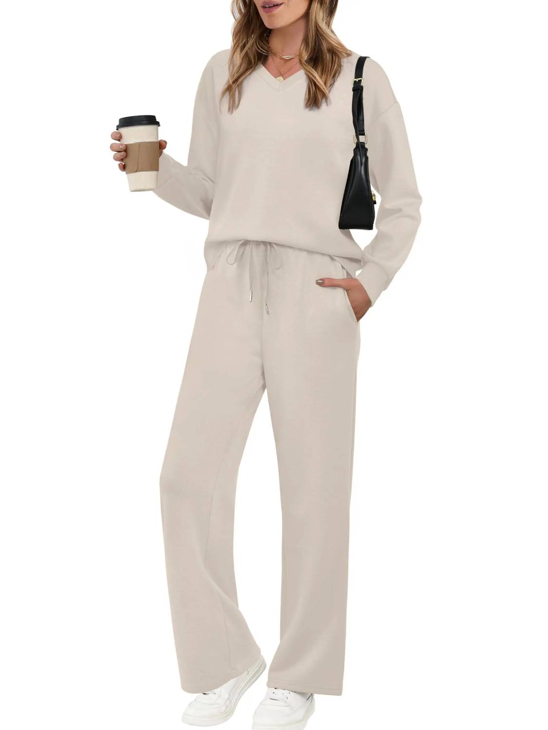 Women V Neck Airport Wide Leg Pants 2 Piece Sets