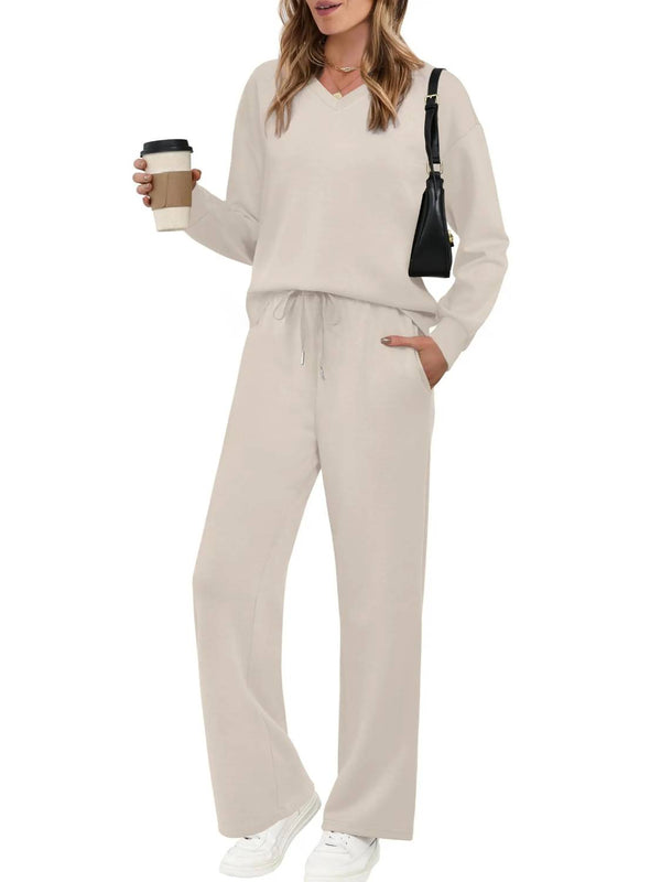 Women V Neck Airport Wide Leg Pants 2 Piece Sets