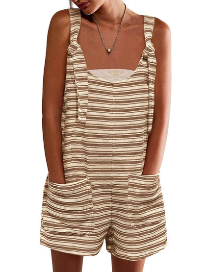 Womens Casual Loose Striped Tied Shorts Overalls Jumpsuit with Pockets