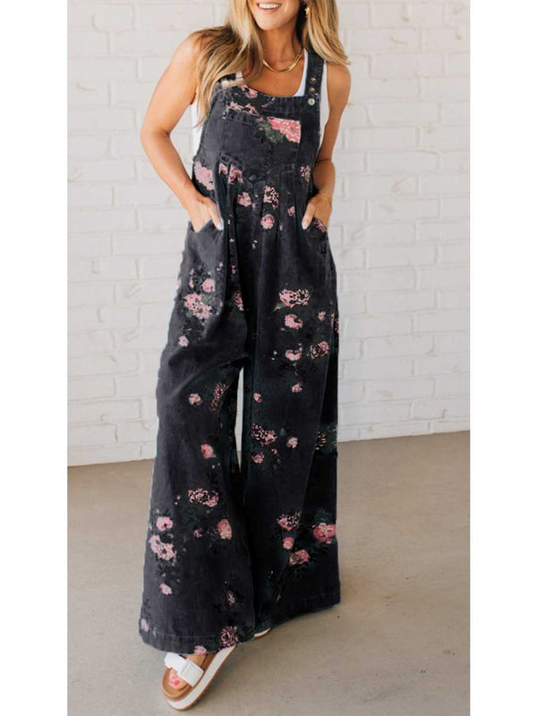 Women's Floral Print Trendy High Waist Wide Leg Denim Jumpsuit