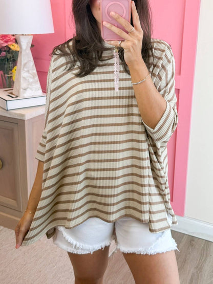 Women's Striped Ribbed Oversized 3/4 Sleeve Top