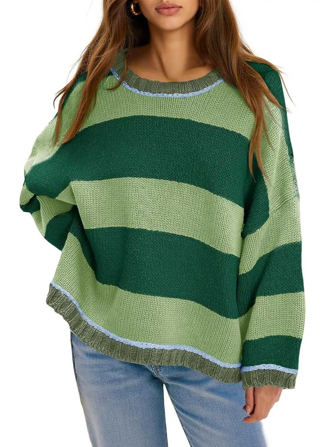 Womens Oversized Color Block Crewneck Knitted Sweaters Tops