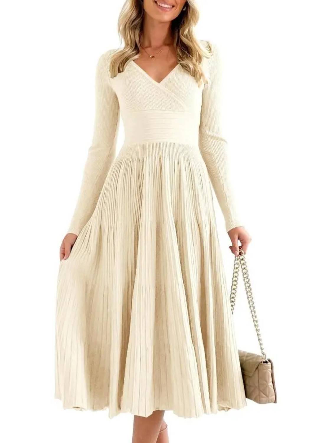 Womens Longsleeve Wrap V-Neck A-Line Sweater Dress