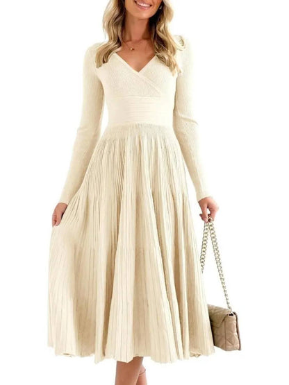 Womens Longsleeve Wrap V-Neck A-Line Sweater Dress