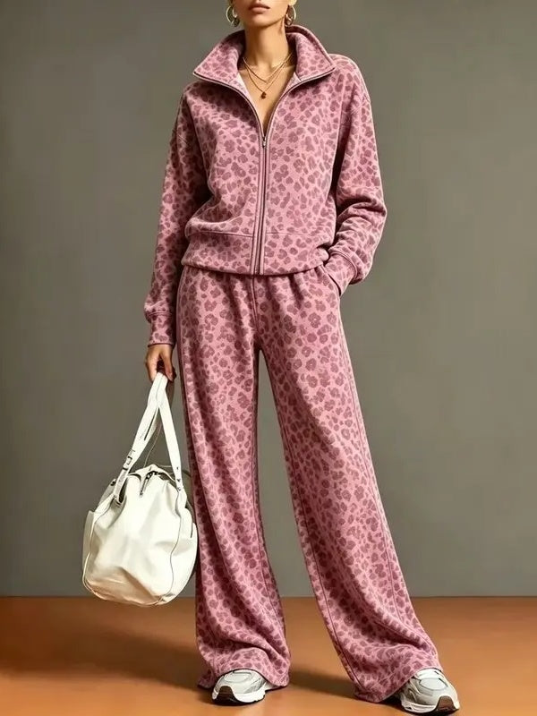 Women's Leopard Print Zip Up Tracksuit Set