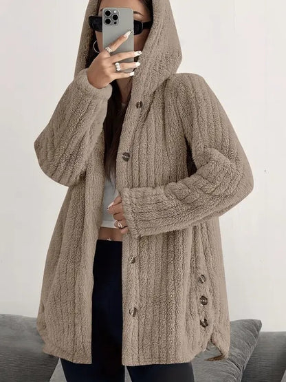 Side Slit Button Hooded Plush Outerwear