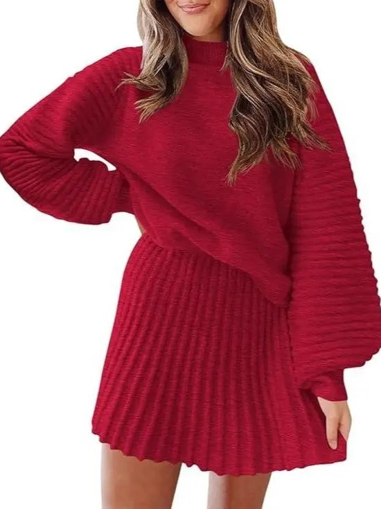 Women Mock Neck Ribbed Sweater & A-line Skirt 2 Piece Set