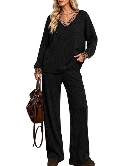 Leopard Trim / Solid Plain Coordinating Top & Pants Outfit