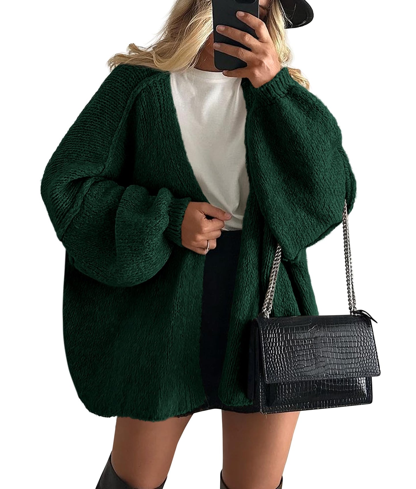 Oversized Lantern Sleeve Open Front Knit Cardigan