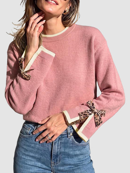 Women Crew Neck Contrast Trim Pullover Sweater With Leopard Print Bow Cuffs