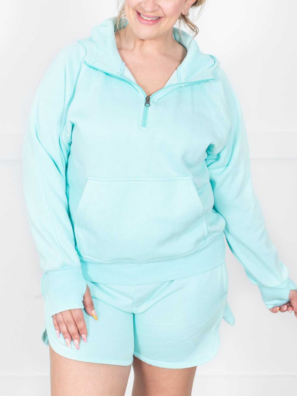 Womens Casual Washed Half Zip Hoodie With Thumb Holes