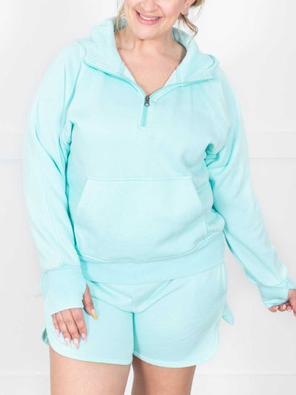 Womens Casual Washed Half Zip Hoodie With Thumb Holes