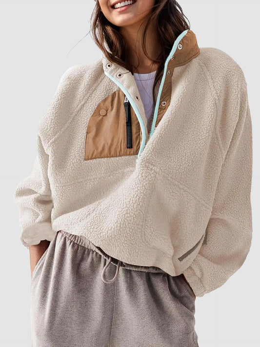 Women Color Block Half Snap Cropped Fleece Pullover Jacket