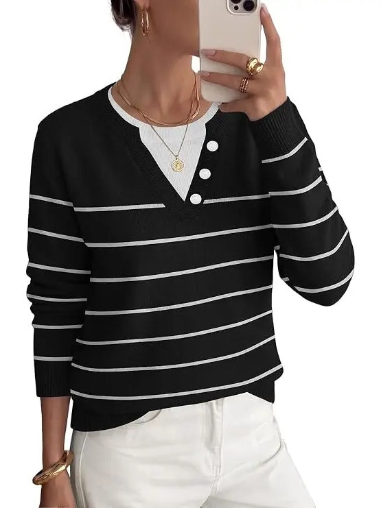 Women's Faux Layer V Neck Knit Sweater