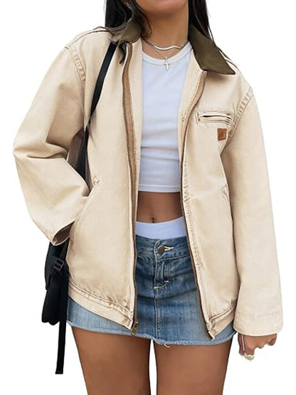 Women Zipper Collared Denim Barn Jacket