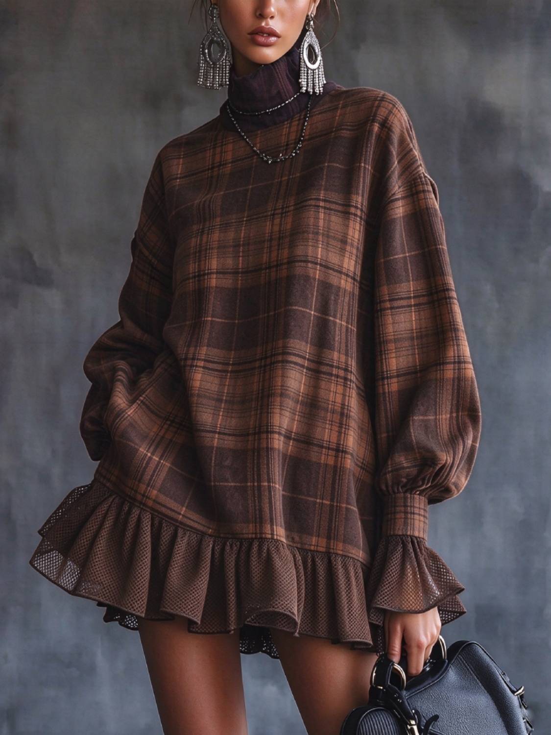 Hot Sale-Women's Vintage Mock Neck Plaid Casual Dress
