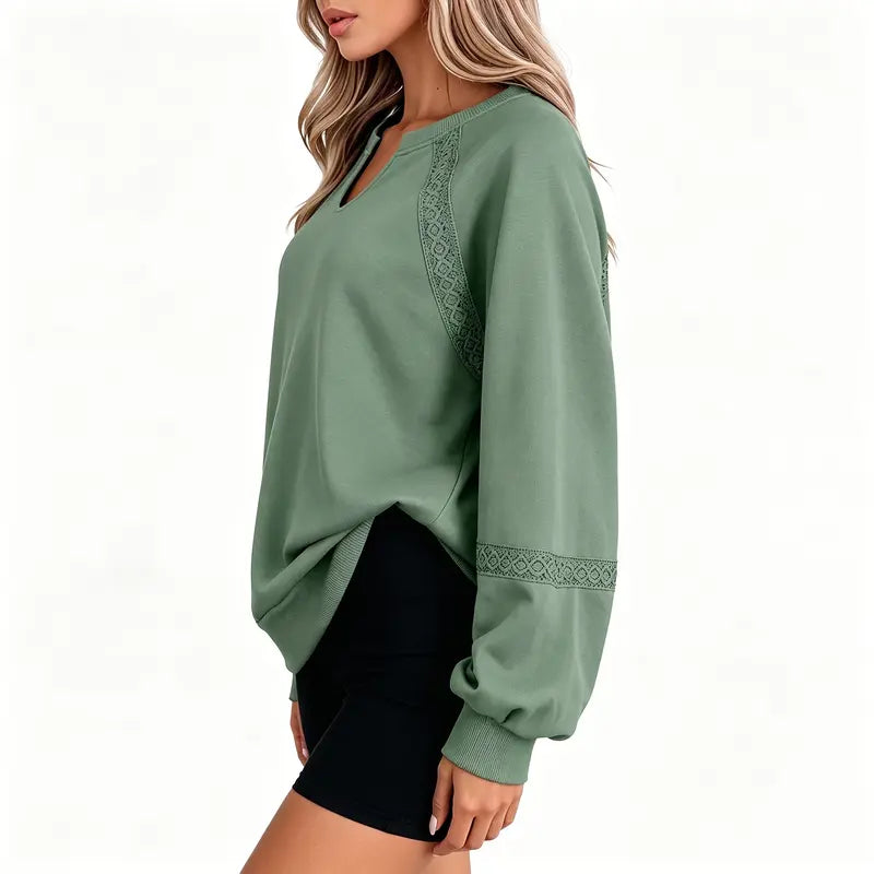 Notch V-Neck Lace Spliced Long Sleeve Sweatshirt