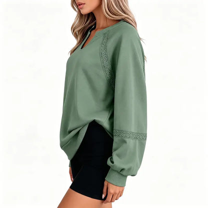 Notch V-Neck Lace Spliced Long Sleeve Sweatshirt