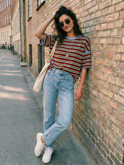 ⏰Hot Sale-Womens Oversized Striped T-Shirts Summer Casual Color