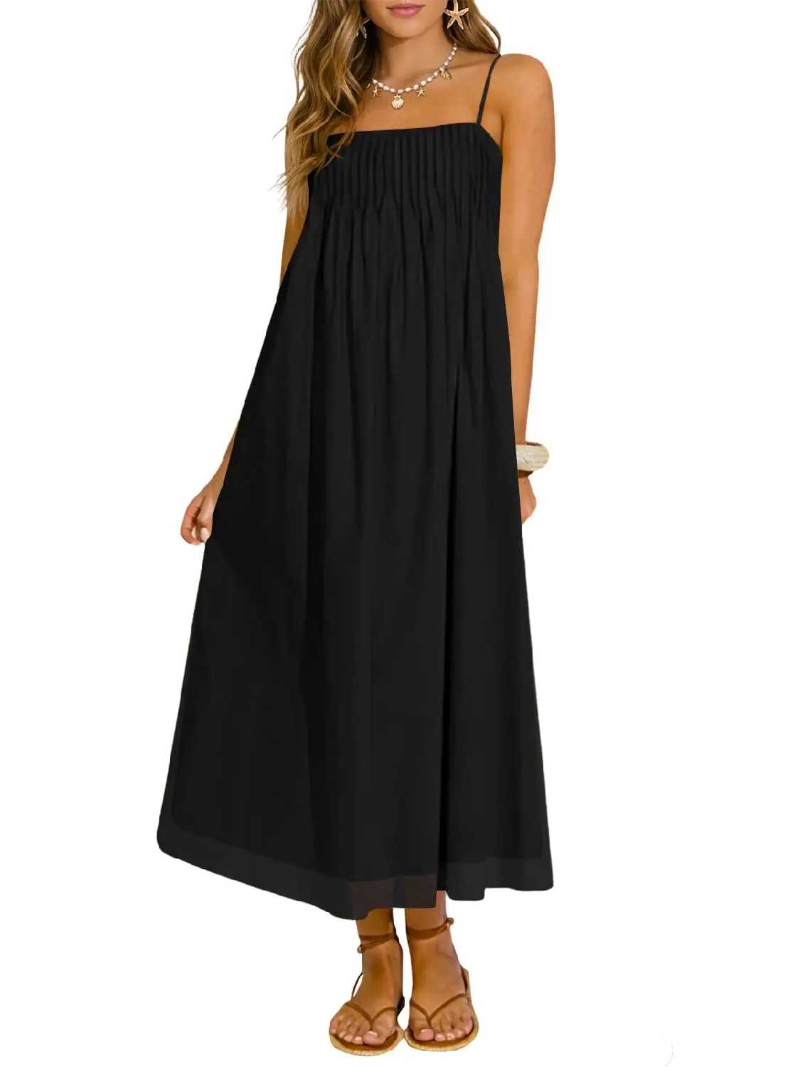 Women's Spaghetti Straps Chiffon Casual Long Dress with Pockets