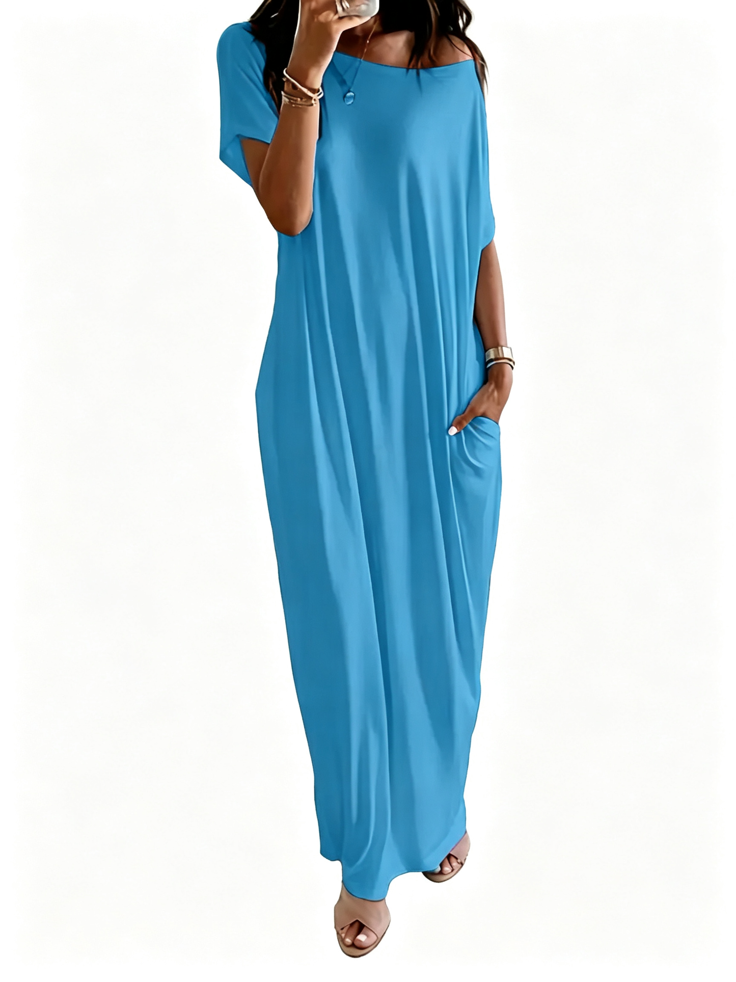 Women Batwing Sleeve Pocket Maxi Casual Loose Long Dress All Season Daily Outfit