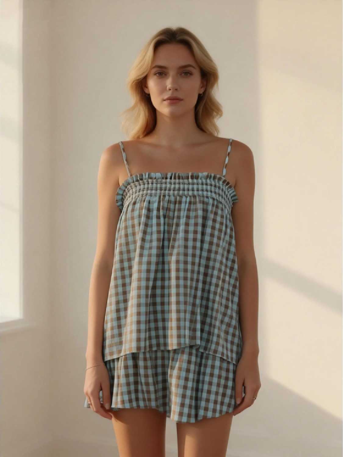 Women's Sleeveless Plaid Cami Tank Tops Wide Leg Shorts Sets