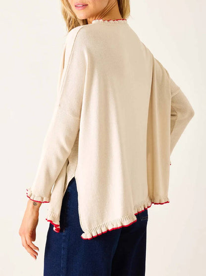 Women's Long Sleeve Contrast Color Ruffle Hem Knit Top