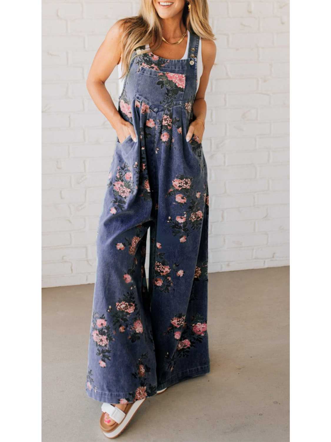 Women's Floral Print Trendy High Waist Wide Leg Denim Jumpsuit