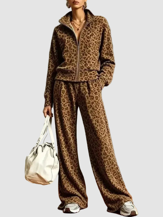 Women's Leopard Print Zip Up Tracksuit Set