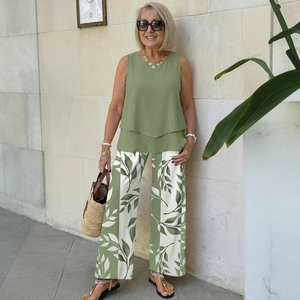 Women's Sleeveless Layered Top & Wide Leg Pants Set