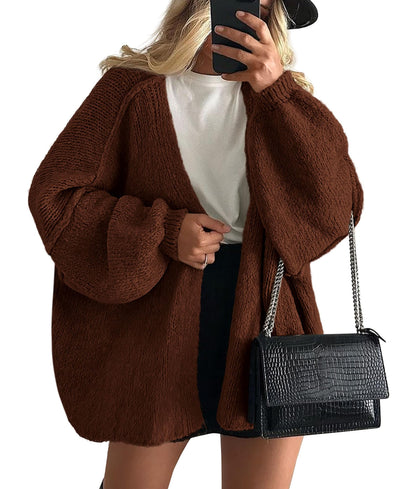 Oversized Lantern Sleeve Open Front Knit Cardigan