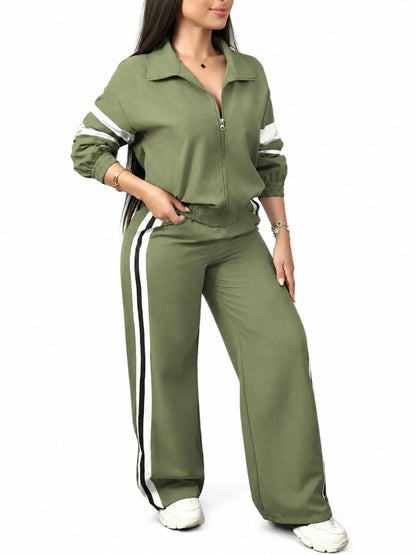 Women Zip Jacket & Striped Wide Leg Pant Set