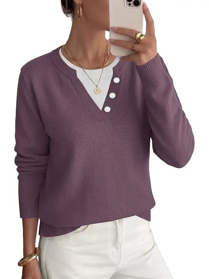 Women's Faux Layer V Neck Knit Sweater
