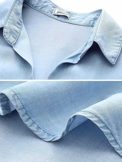 Womens Button Down Jean Shirts Denim Tencel 3/4 Sleeve Tops