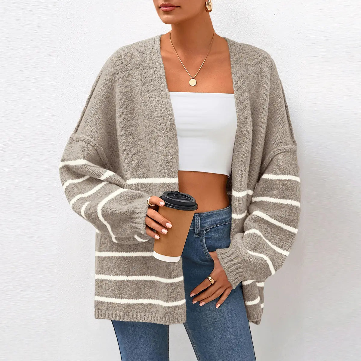Oversized Striped Balloon Long Sleeve Knit Cardigan