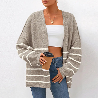 Oversized Striped Balloon Long Sleeve Knit Cardigan