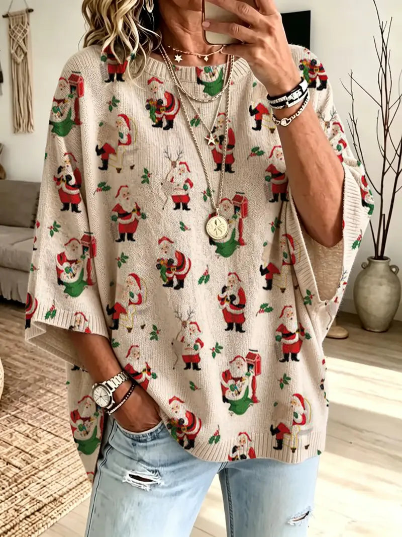 Christmas Loose Round Neck Bat Sleeve Knit Top for Women
